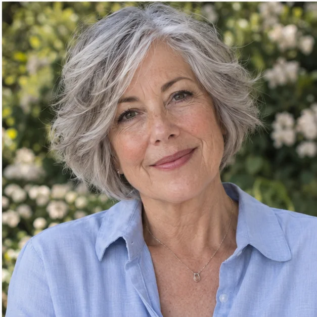 Woman over 60 with an air-dried layered short gray bob
