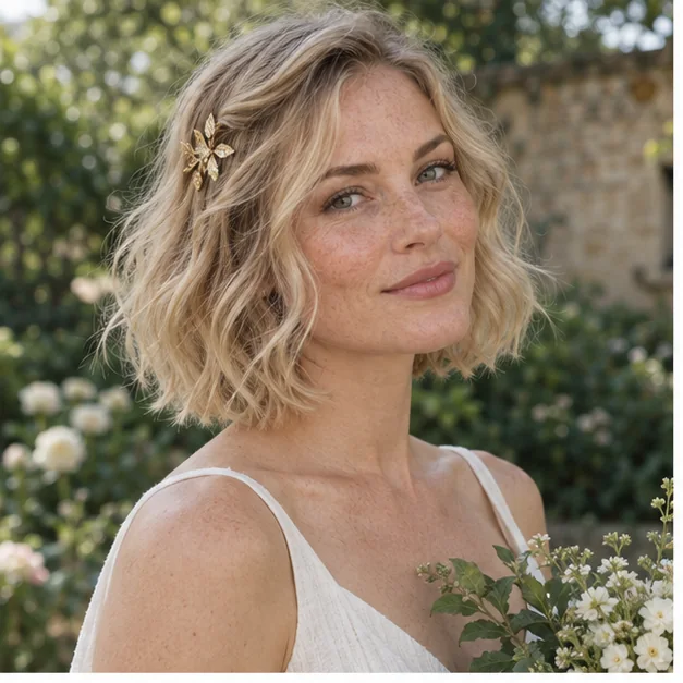 Bride with an air-dried wavy bob and botanical side pin