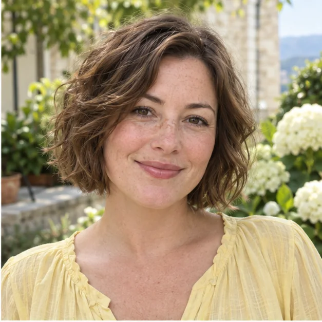 Woman with air dried wavy short bob for thick hair
