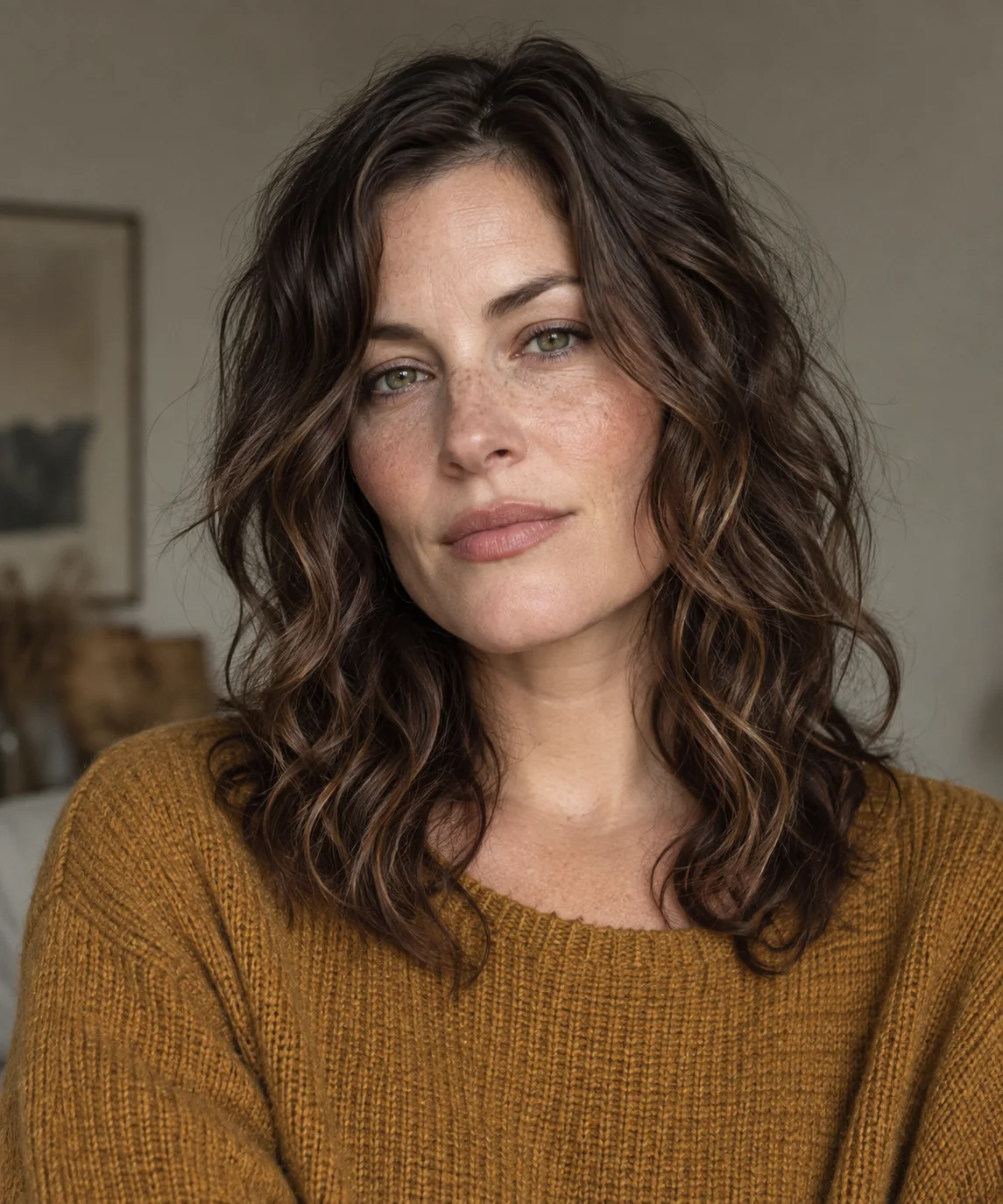 Woman with air-dried wavy hair and natural face-framing layers