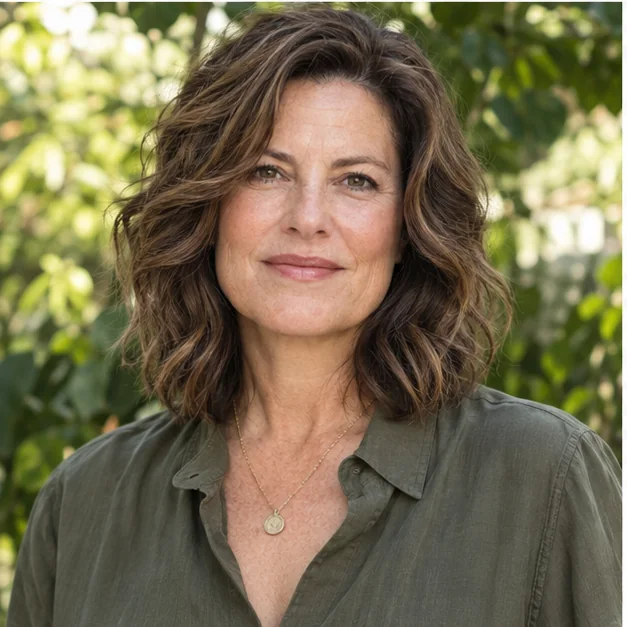 Woman over 50 wearing an air-dried wavy lob