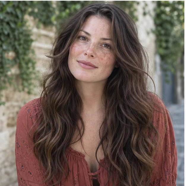Woman with air-dried brunette waves and long connected layers