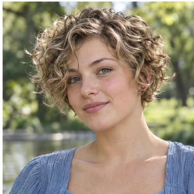 Woman with loose curls in an airy layered crop