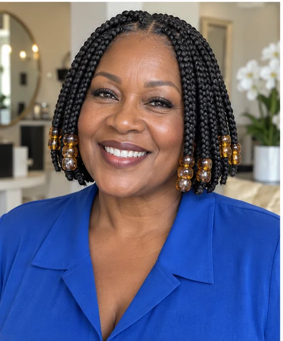 Older Black woman with rounded knotless bob braids and amber beads