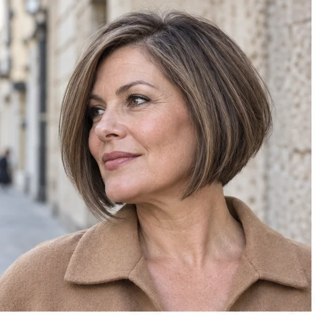 Woman with angled short bob and tapered nape for thick hair