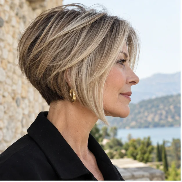 Woman over 50 with an angled layered bob