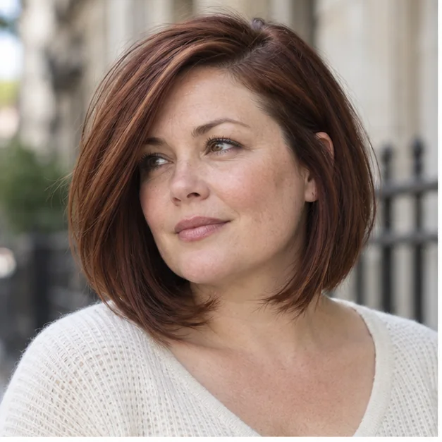 Woman with fine hair in an angled lob and deep side part