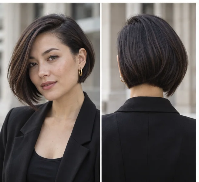 Same woman shown from front and back wearing a subtle asymmetric bob