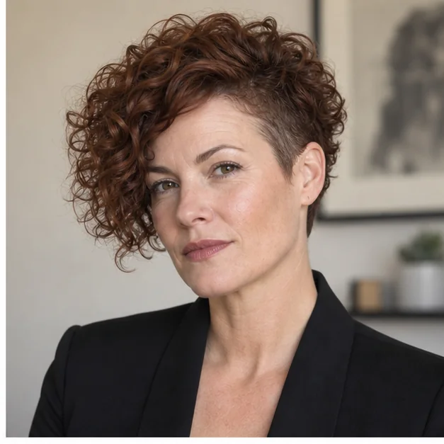 Woman with an asymmetrical cropped curly haircut