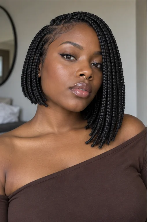 Black woman with asymmetrical knotless bob braids