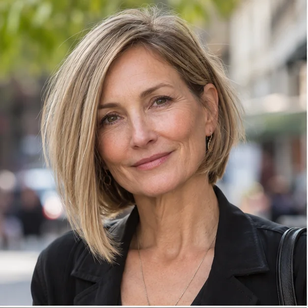 Woman over 50 with an asymmetrical layered bob