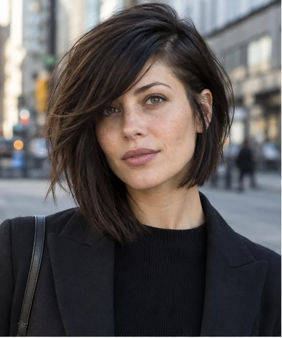 Woman with an asymmetrical lob and diagonal bangs