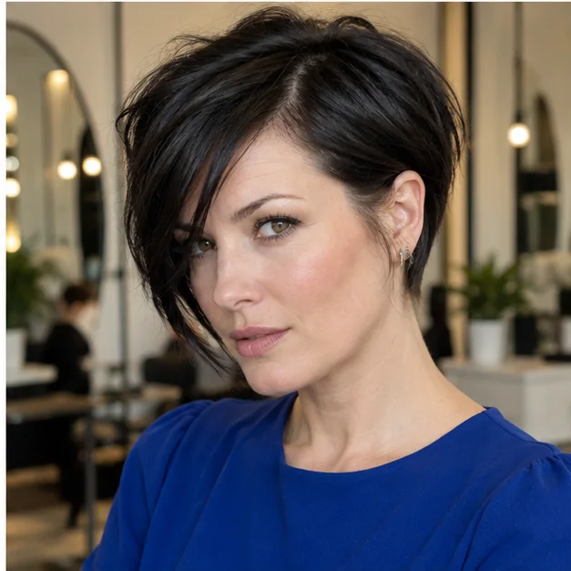 Asymmetrical long pixie with dramatic bangs