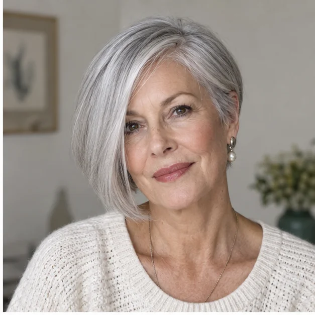 Woman over 60 with an asymmetrical silver pixie bob