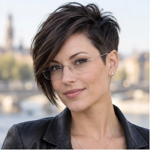 Woman wearing rimless glasses with an asymmetrical dark pixie