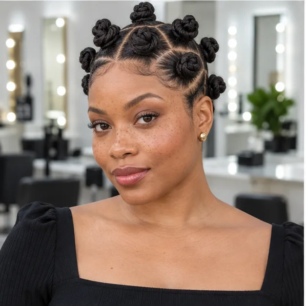 Black woman with polished Bantu knots and clean geometric parts