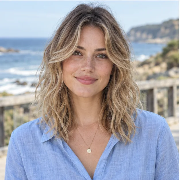 Woman with beachy shoulder length waves and grown out bangs