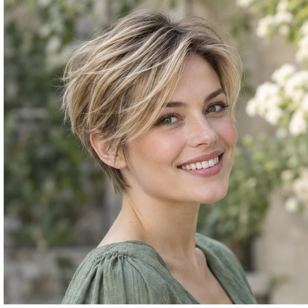 Woman with fine hair wearing a softly layered bixie with a full crown