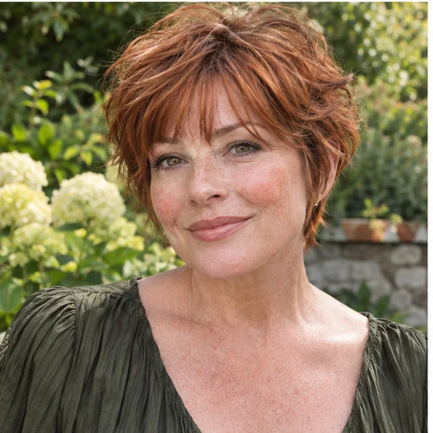 Woman with a bixie haircut and piecey bangs
