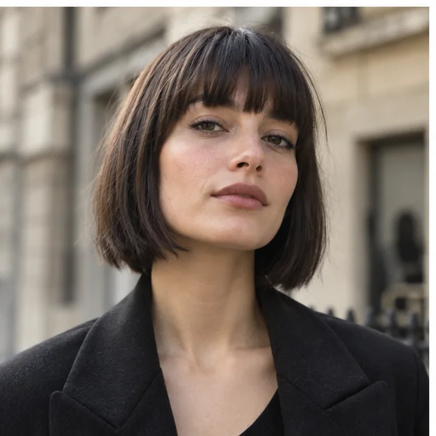 Woman with a blunt bob and full straight bangs