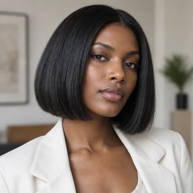 Woman with thick straight dark hair wearing a blunt bob with hidden layers