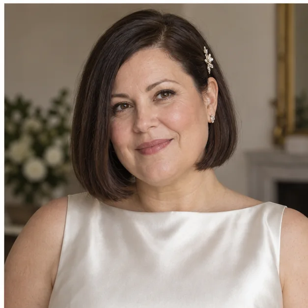 Bride wearing a sleek blunt bob with a small jeweled reception clip