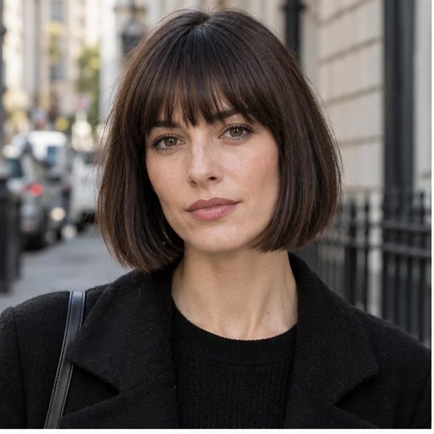 Woman with a long face wearing blunt chin bob with brow bangs