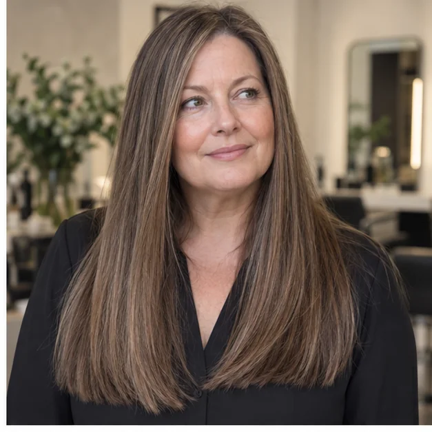 Woman with long straight hair, blunt ends and subtle internal layers