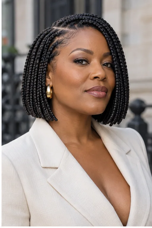 Black woman with blunt medium knotless bob braids