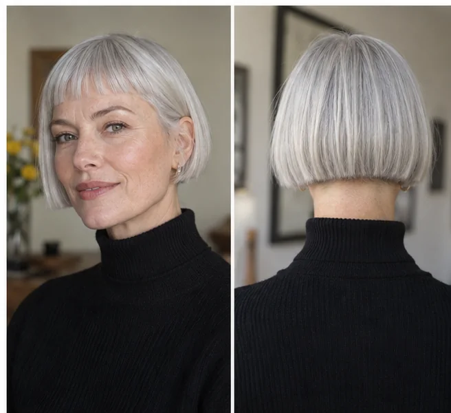 Same woman shown from front and back wearing a blunt micro bob
