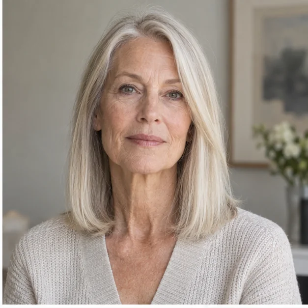 Woman over 50 with fine hair in a blunt shoulder-length cut