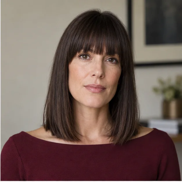Woman with blunt shoulder length hair and full bangs