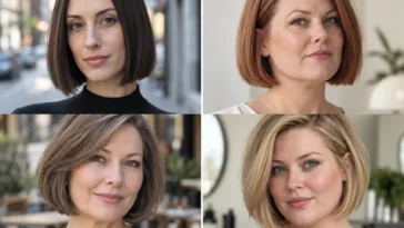 Four women with blunt, stacked, wavy and side-parted bobs that make thin hair look thicker
