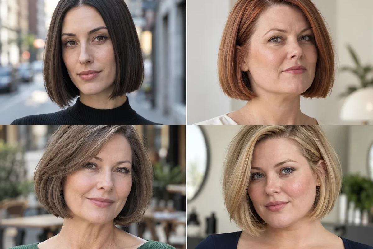 Four women with blunt, stacked, wavy and side-parted bobs that make thin hair look thicker