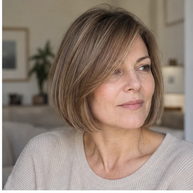 Woman with a full bob and long side-swept bangs