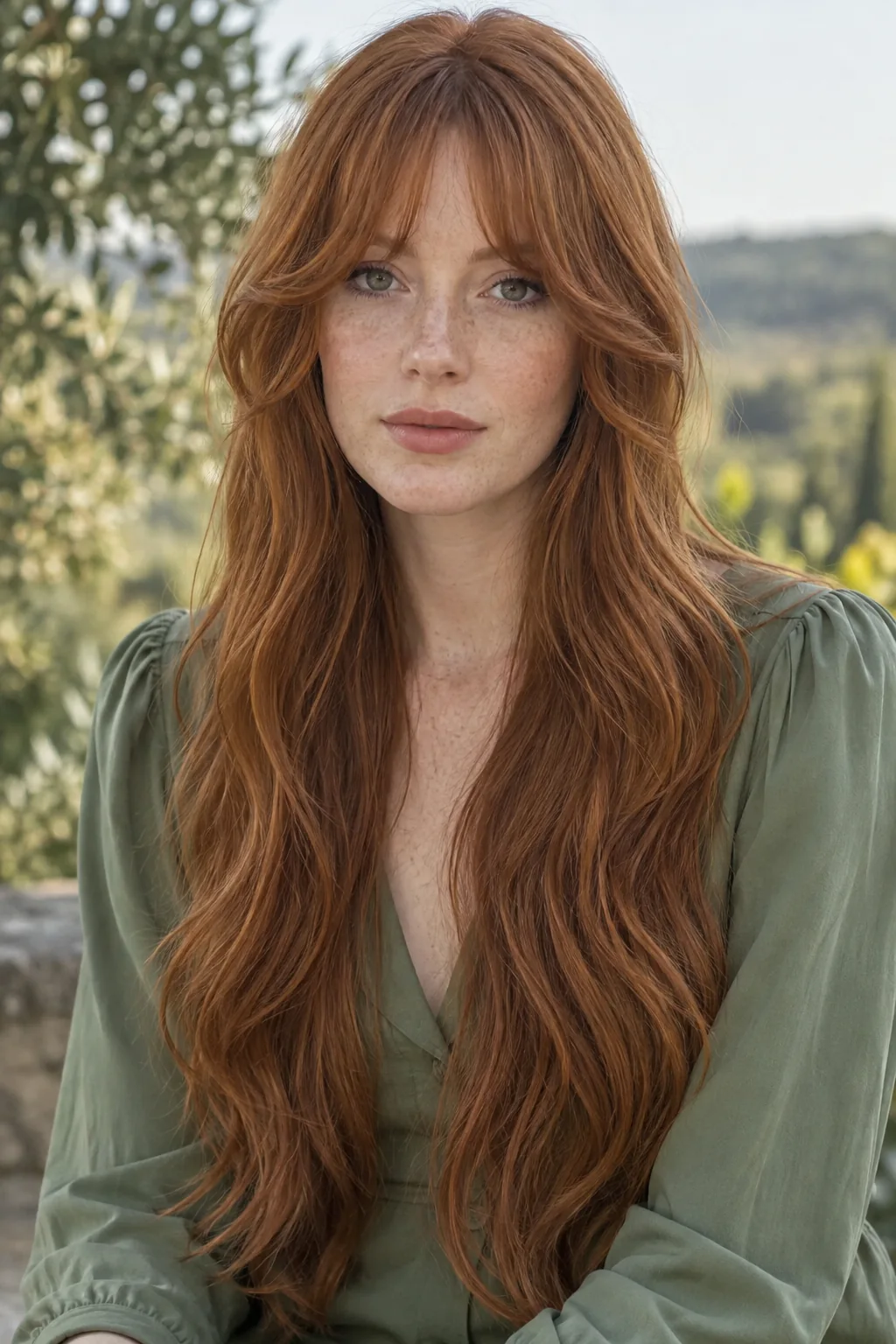 Woman with long layered copper hair and curved bottleneck fringe