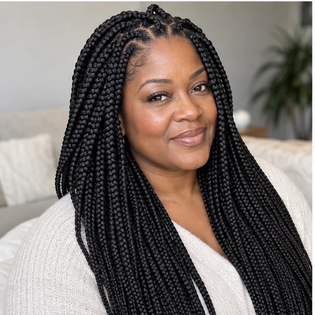 Black woman with brick-layered knotless braids