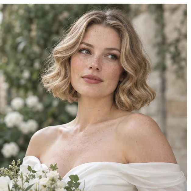 Bride with brushed-out waves in a chin-length bob