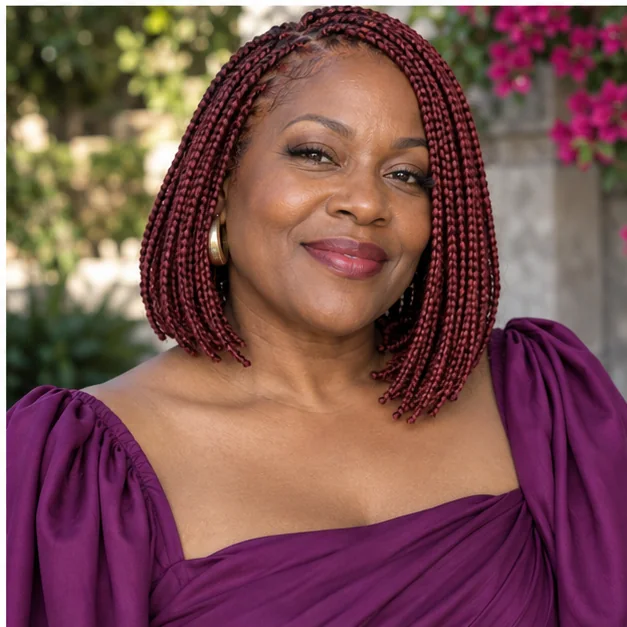 Mature Black woman with burgundy knotless bob braids