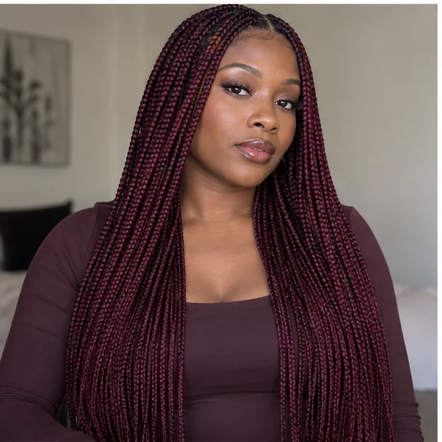 Black woman with rich burgundy knotless braids