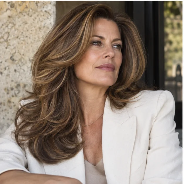 Woman with long caramel brunette hair in a butterfly-layer 90s blowout
