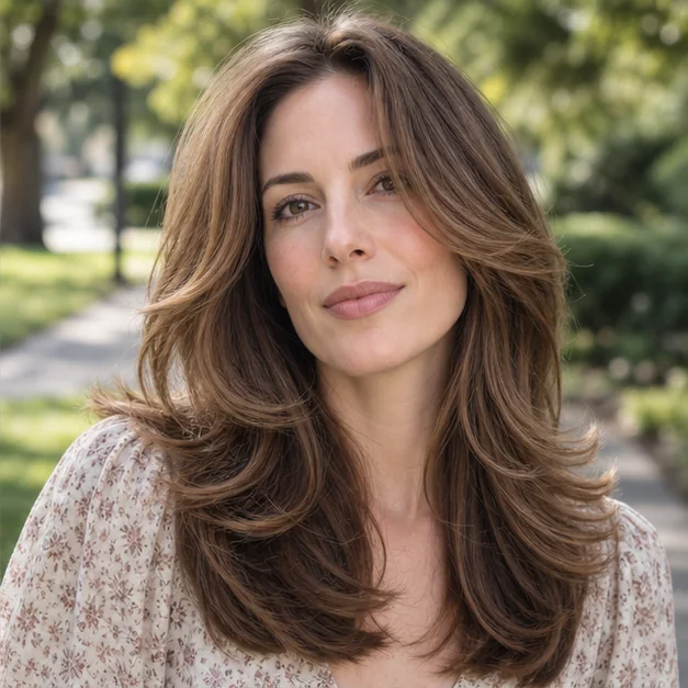 Woman with long thick brown hair wearing voluminous butterfly layers