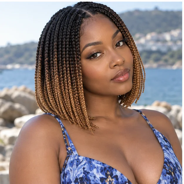 Black woman with caramel ombre knotless bob braids