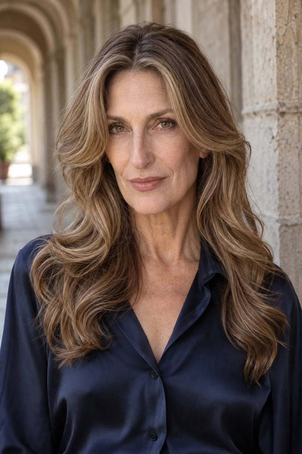 Woman with center-parted voluminous 1990s face-framing layers