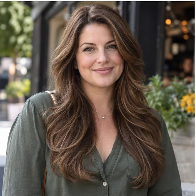 Woman with long brown hair and cheekbone-length face-framing layers