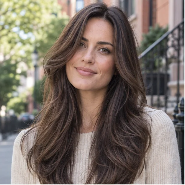 Woman with long brunette hair and cheekbone-skimming face-framing layers