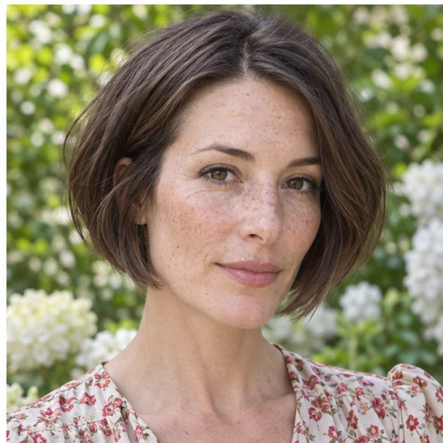 Long-faced woman wearing chin bob with ear-level volume and tapered ends