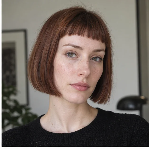 Long-faced woman wearing chin bob with a short micro fringe