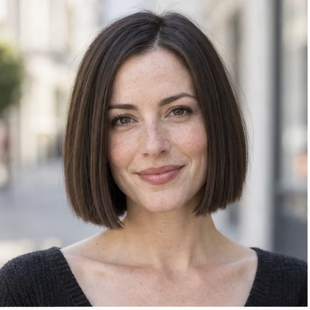 Woman with fine hair in a chin-length blunt bob
