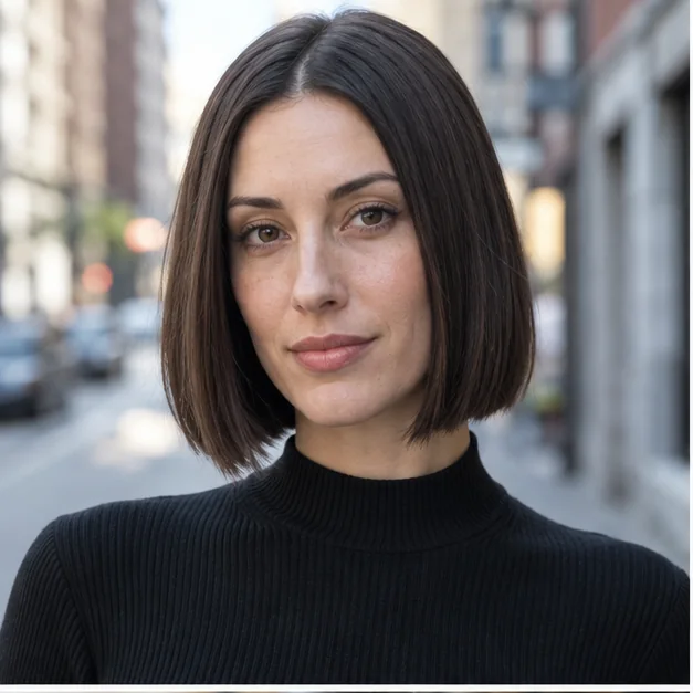 Woman with a chin-length blunt bob and visibly full ends